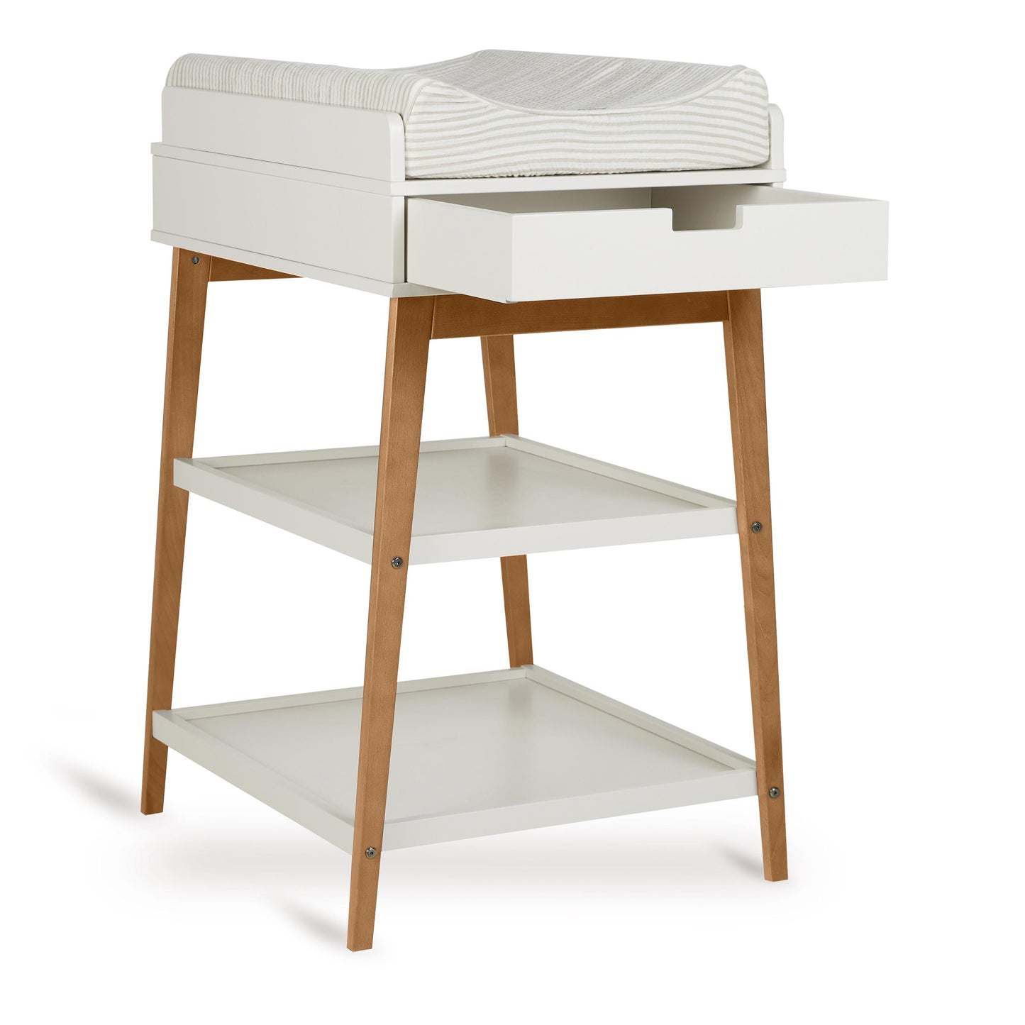 quax hip baby changing table with open drawer in clay and walnut on plain white background with comfy changing pad