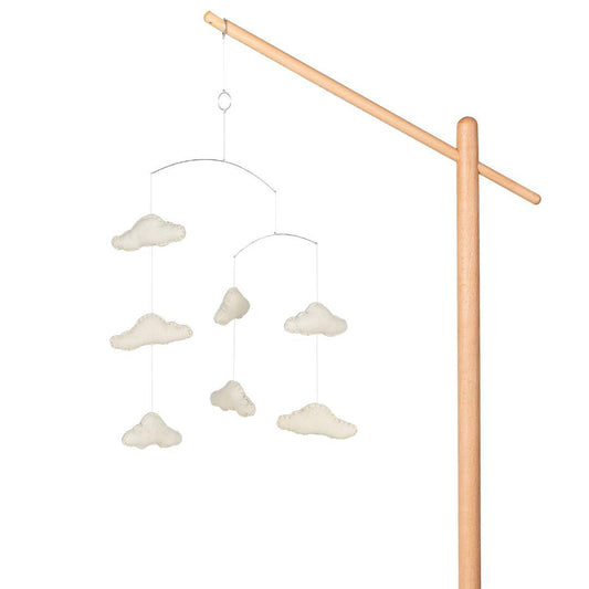 quax clouds mobile hanging from wooden stand on plain white background