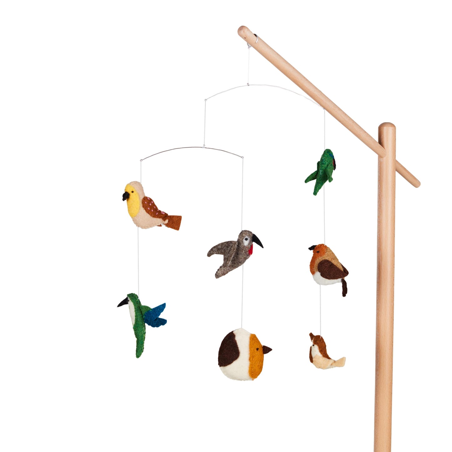 quax birds baby mobile hanging from wooden stand on plain white background