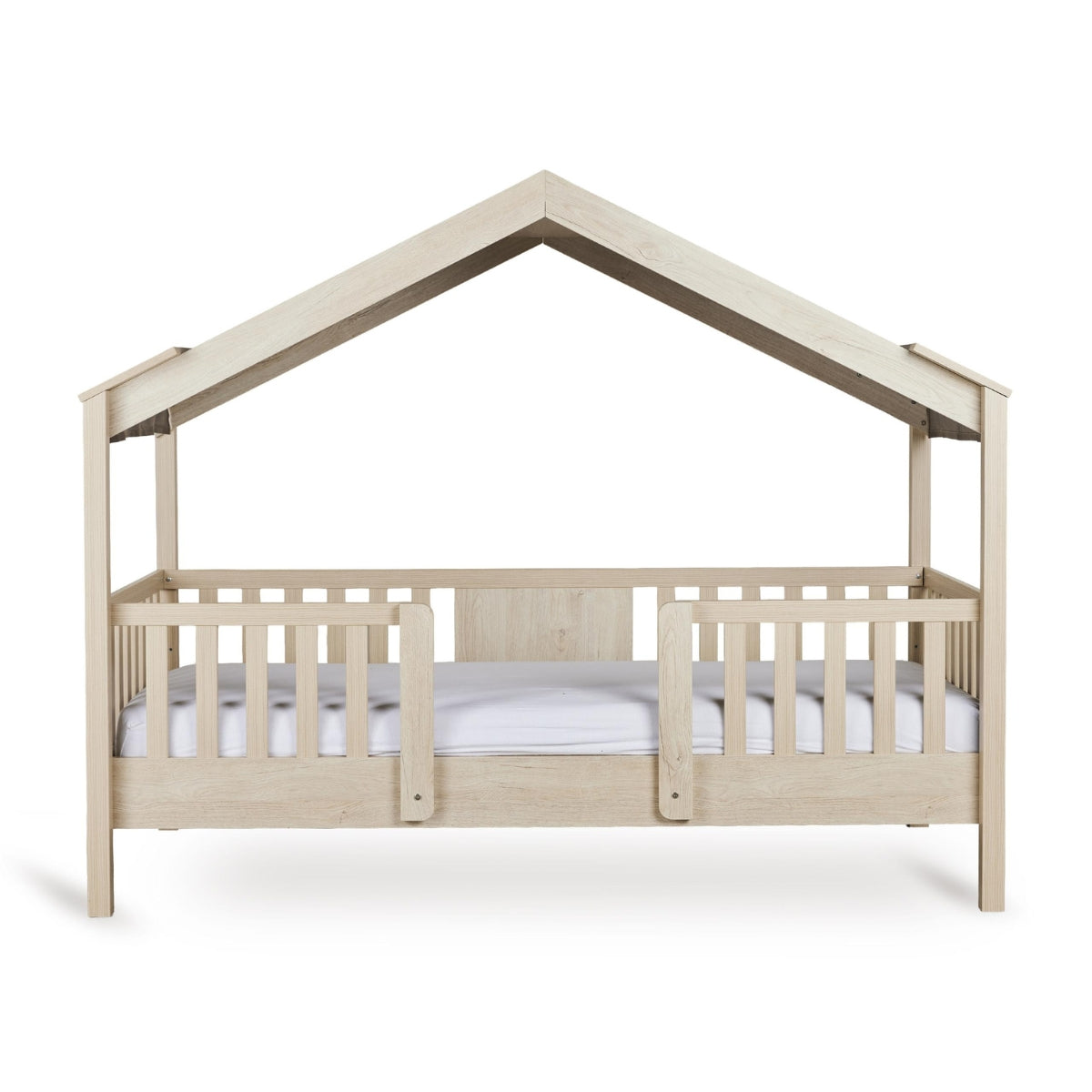 quax chalet montessori toddler house bed in natural wood with space underneath for storage on plain white background