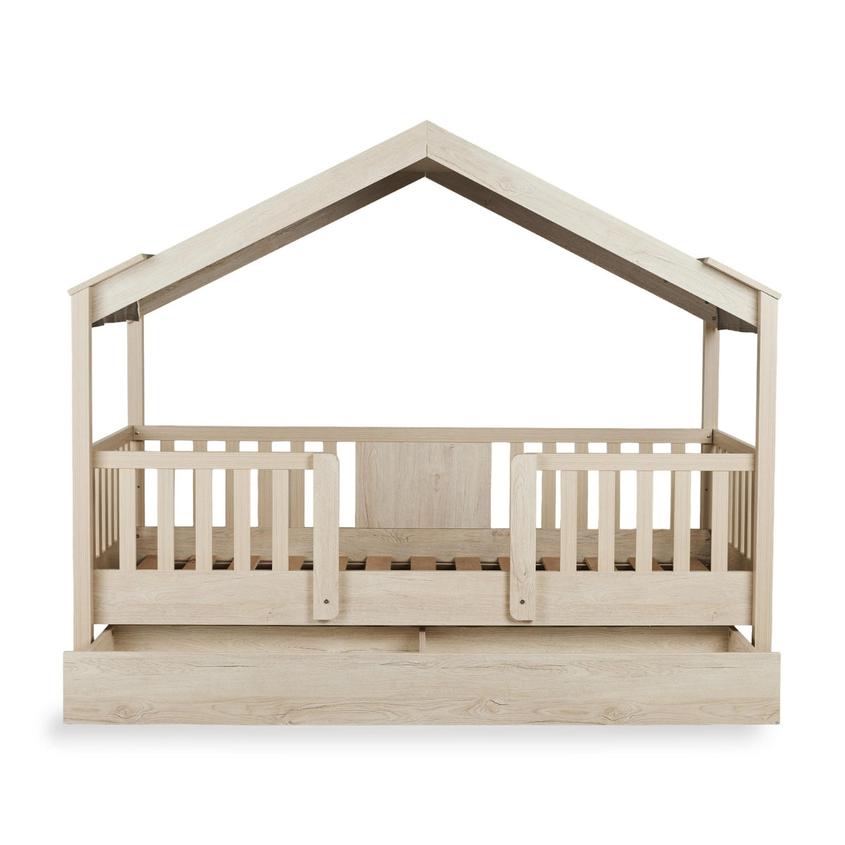 quax chalet montessori toddler house bed in nautral wood with open underbed storage drawer on plain white background