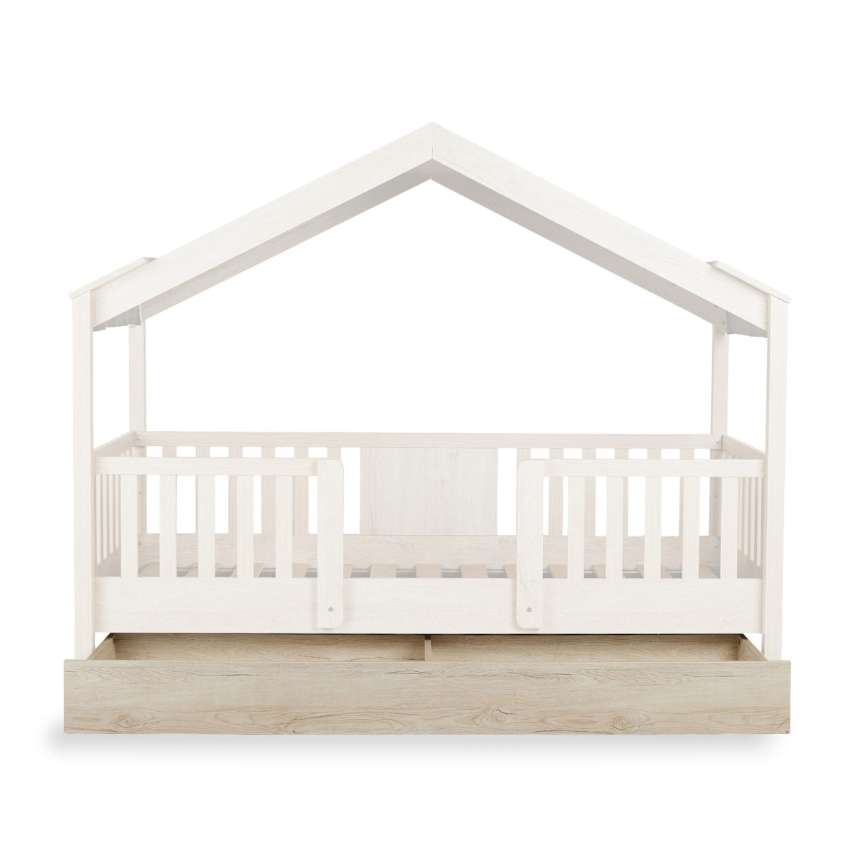 quax chalet underbed drawer in natural wood underneath faded out house bed on plain white background