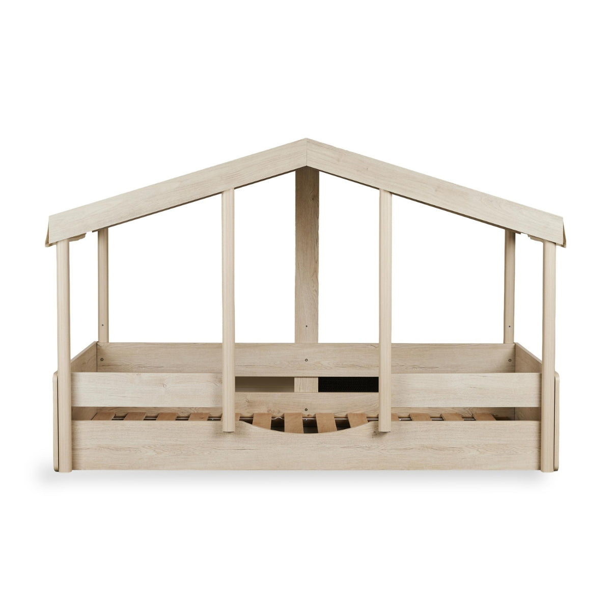 Quax Cottage Montessori House Floor Bed 90 x 200cm shown without mattress, with house-shaped roof frame and slatted base on white background