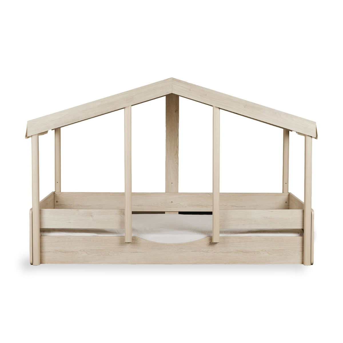Quax Cottage Montessori House Floor Bed 90 x 200cm with mattress, low sleeping height and house-shaped roof frame on white background