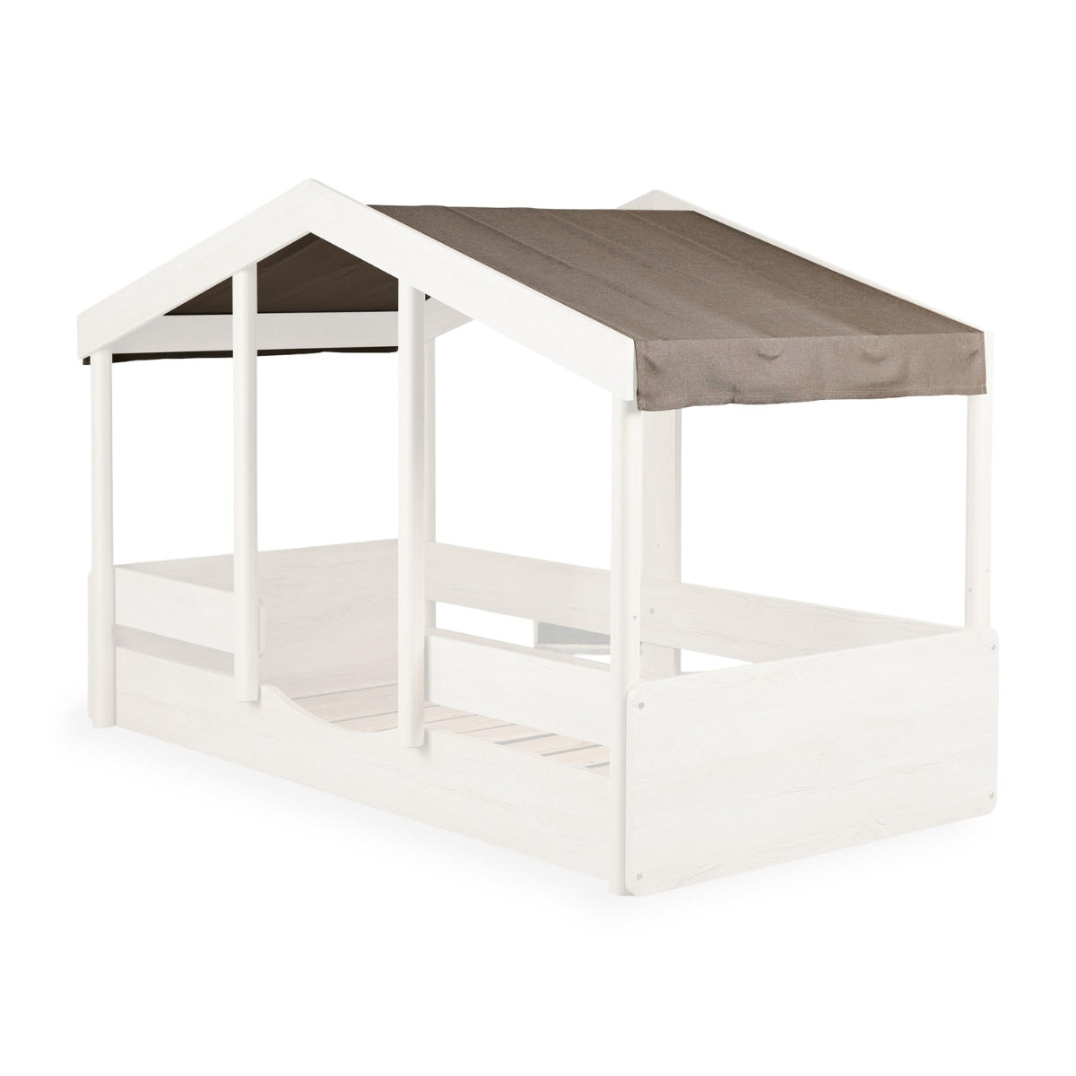 faded out Quax Cottage Montessori House Bed 90 x 200cm in natural wood with Chocolat brown fabric roof cover