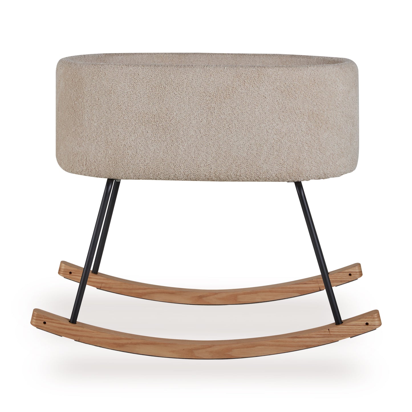 Quax Rocking Cradle De Luxe in beige boucle fabric with solid wooden rockers for newborn baby on white background