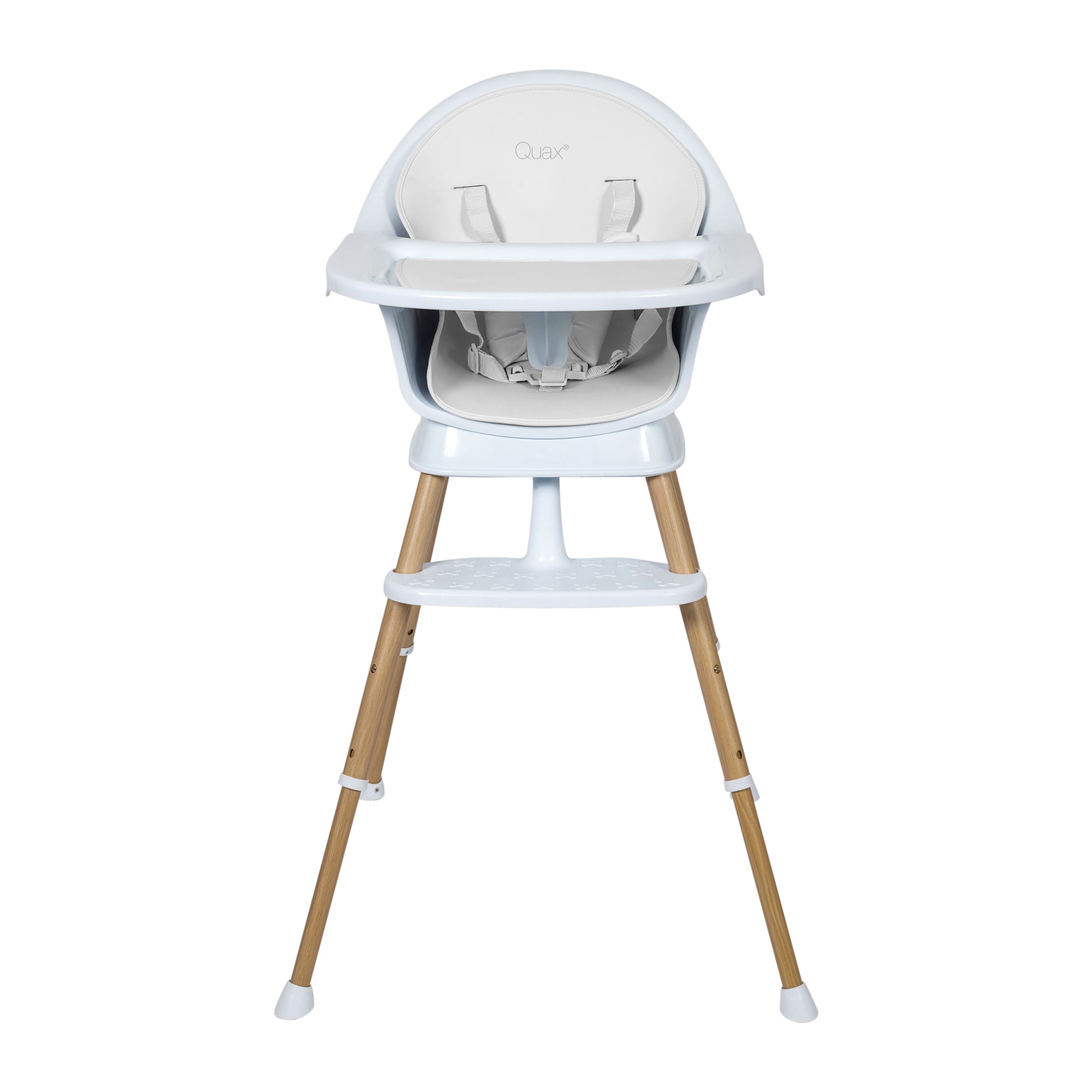 quax ultimo luxe white natural adjustable highchair with removable feeding tray on plain white background