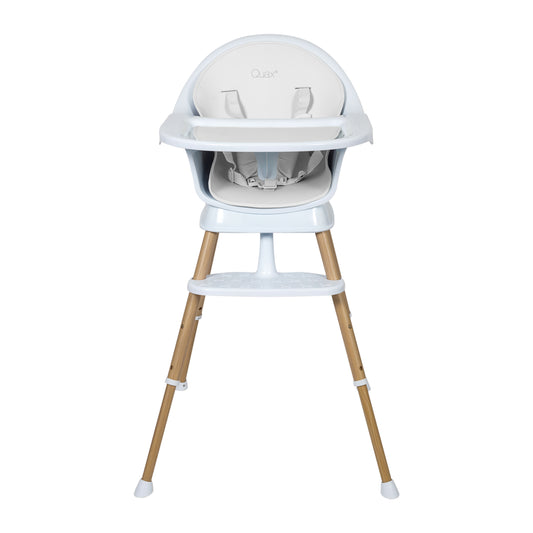 quax ultimo luxe white natural adjustable highchair with removable feeding tray on plain white background