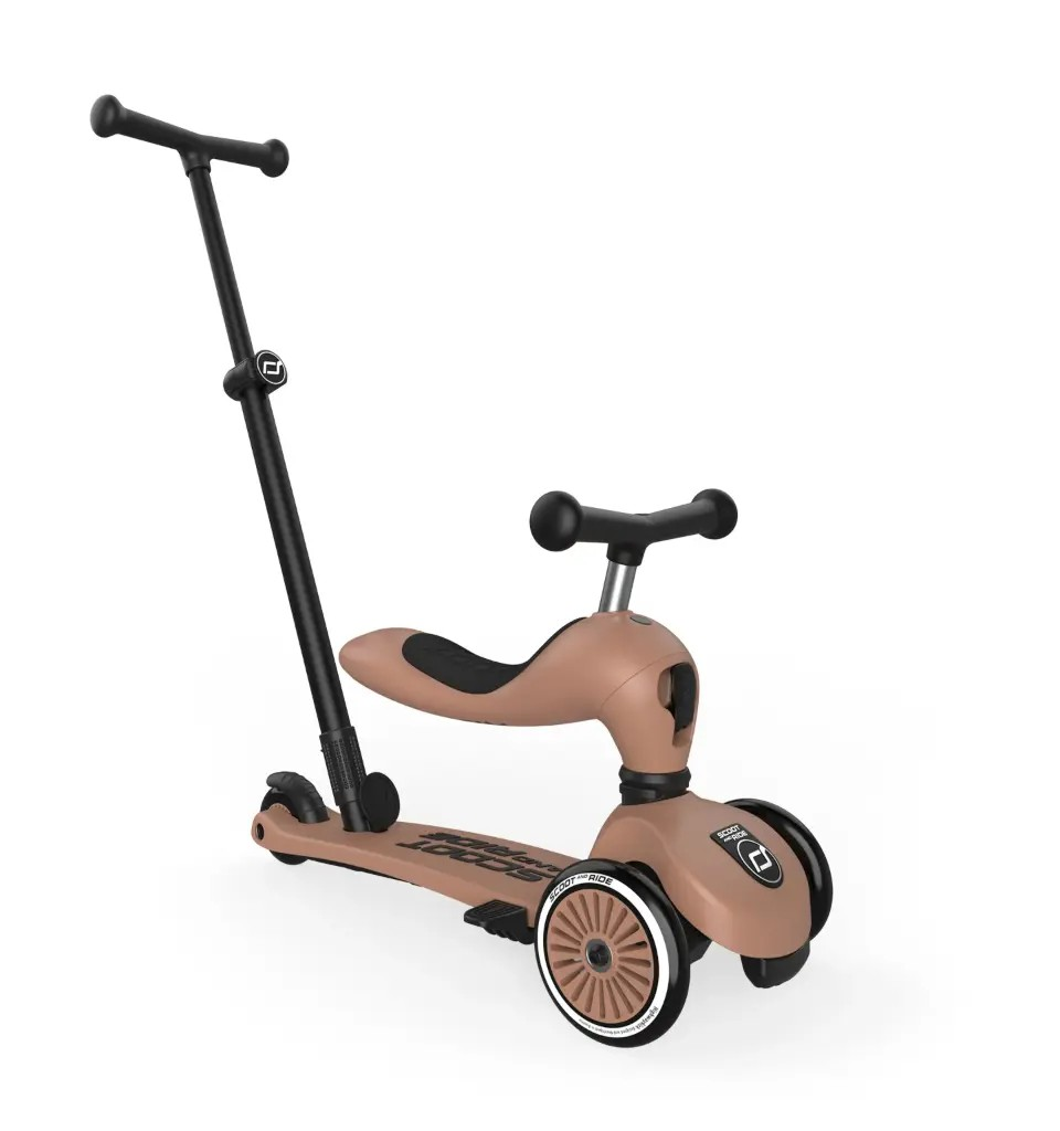scoot and ride highwaykick 1 push and go scooter mocha with handle and seat on white handle