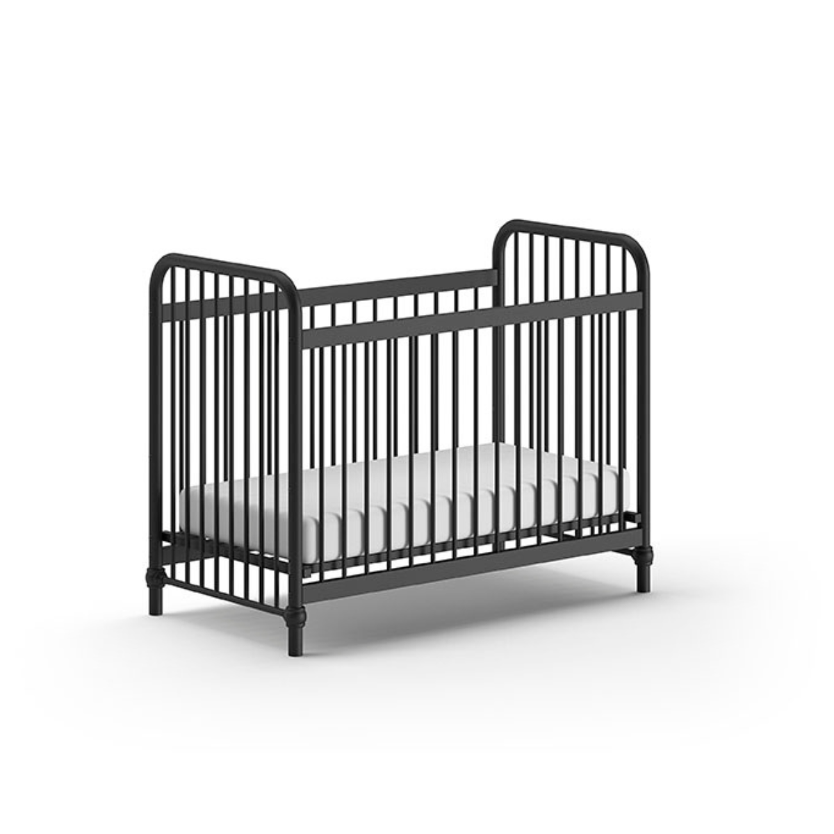 black metal cot with white mattress on plain white background