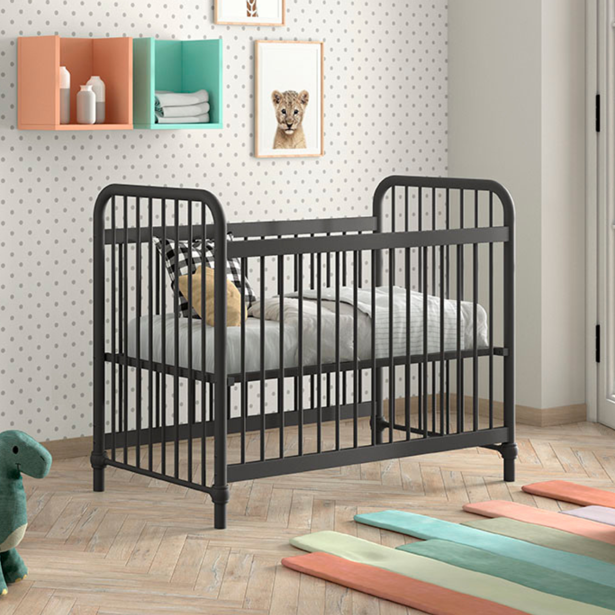 black metal industrial style cot in modern baby nursery room