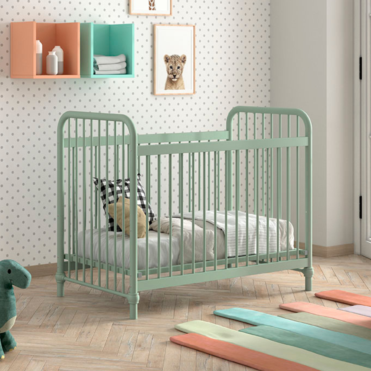 vipack bronxx olive green industrial metal cot in baby nursery room 