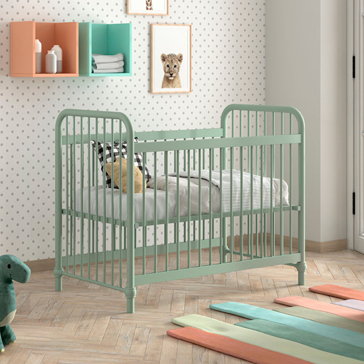 vipack bronxx olive green metal cot in baby nursery bedroom