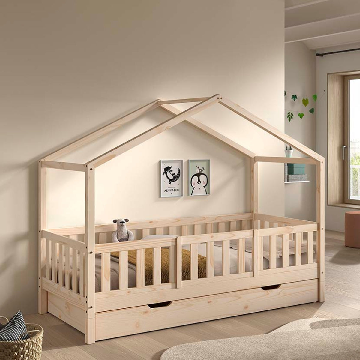 VIPACK house shaped bed with bed guard and underbed storage drawer made from natural pine wood in modern toddler room