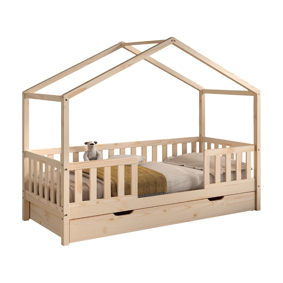 Children's wooden bed with a house design bed guard and underbed storage drawer on a white background