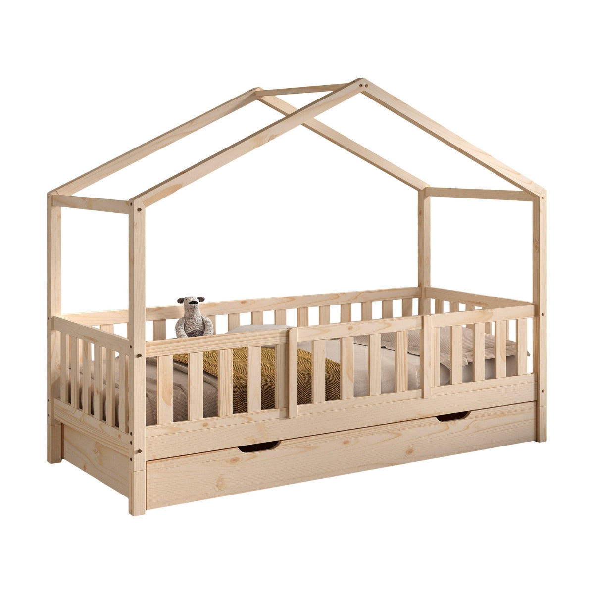 Wooden children's bed with a house-shaped roof on a white background