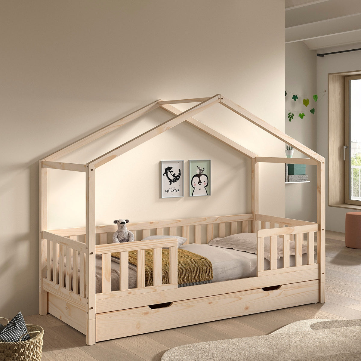 VIPACK house shaped toddler bed with bed guard and underbed storage drawer made from natural pine wood in modern nursery