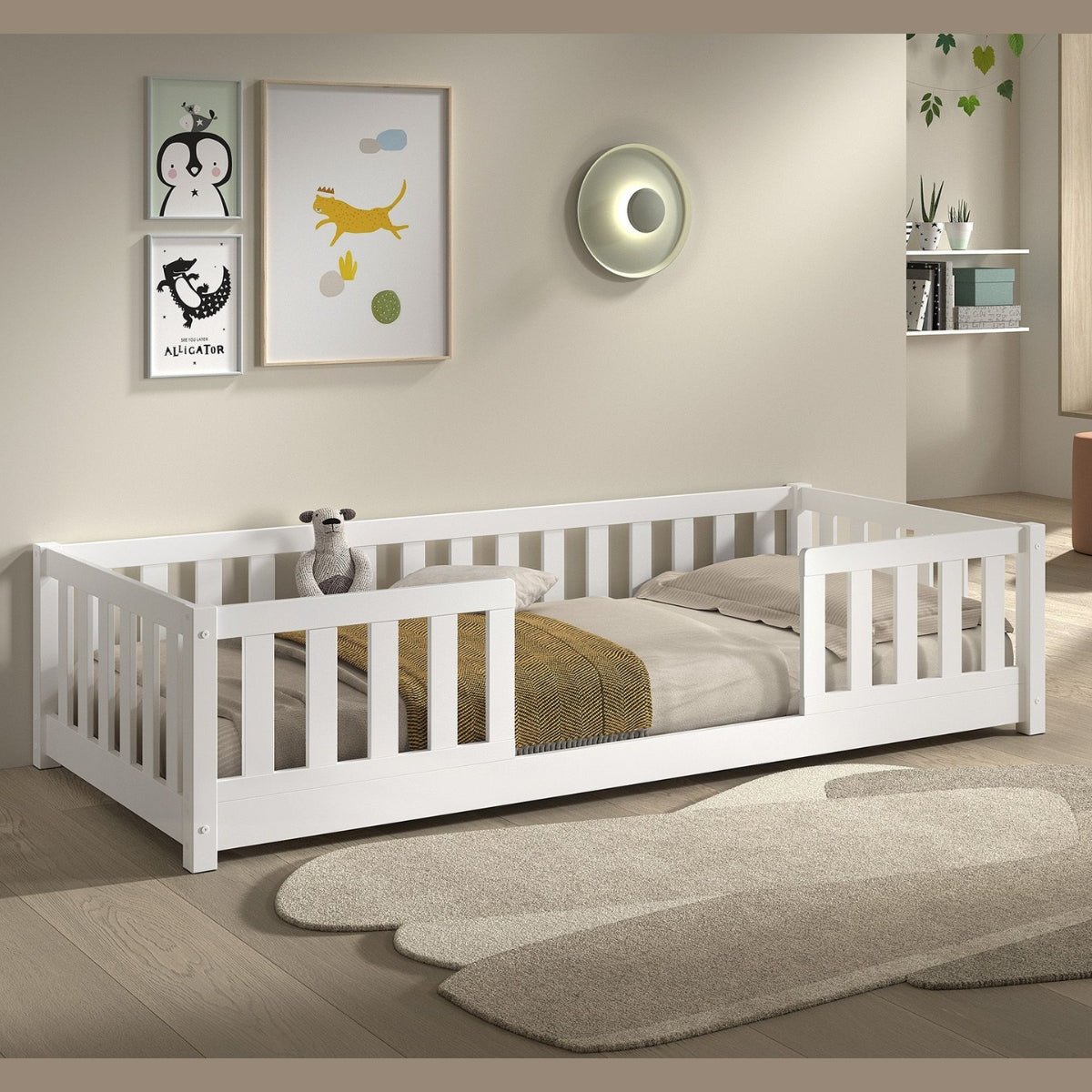 VIPACK DALLAS white toddler floor bed with bed guard in modern bedroom