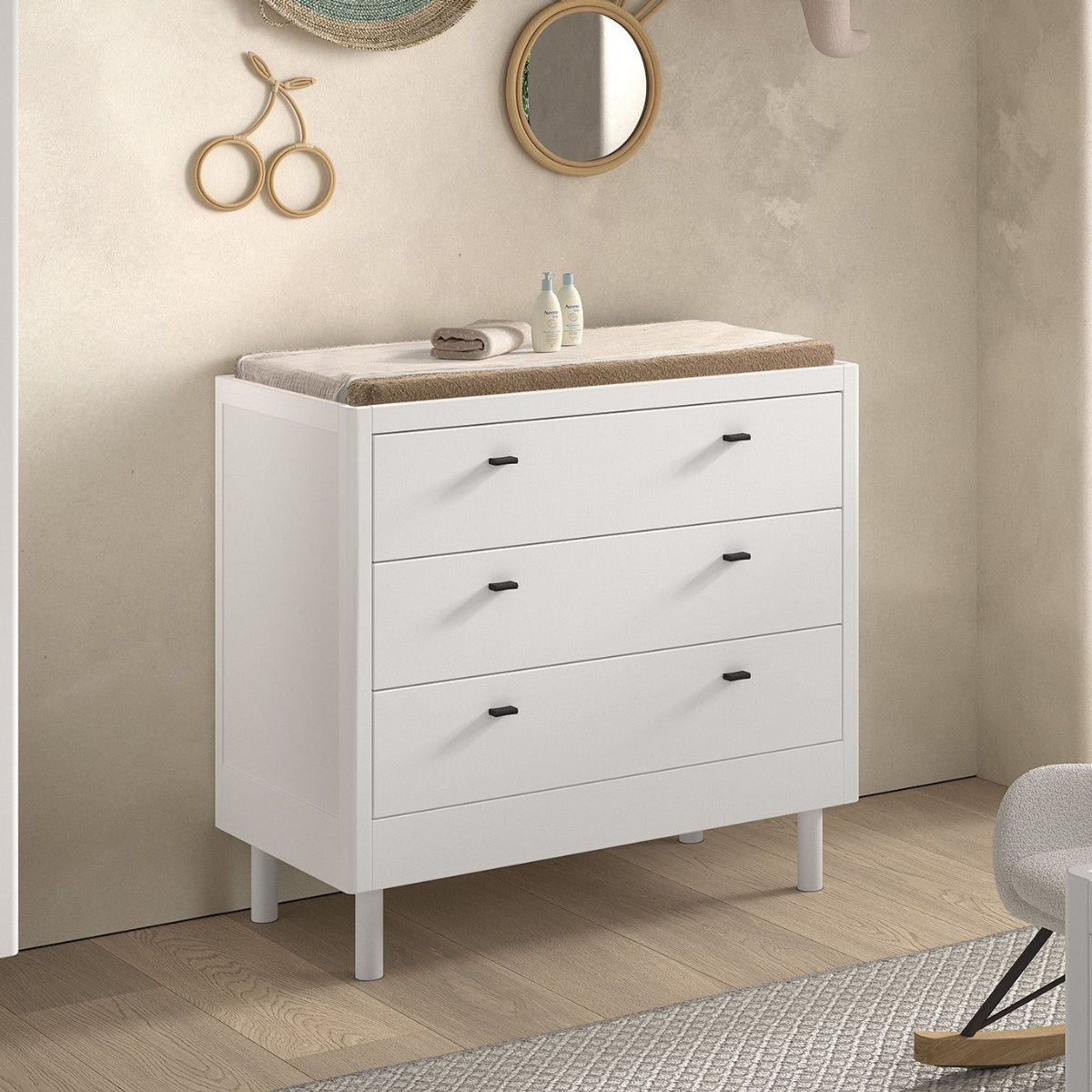 vipack forrest beech 3 drawer chest in white with baby changing mat on in modern nursery