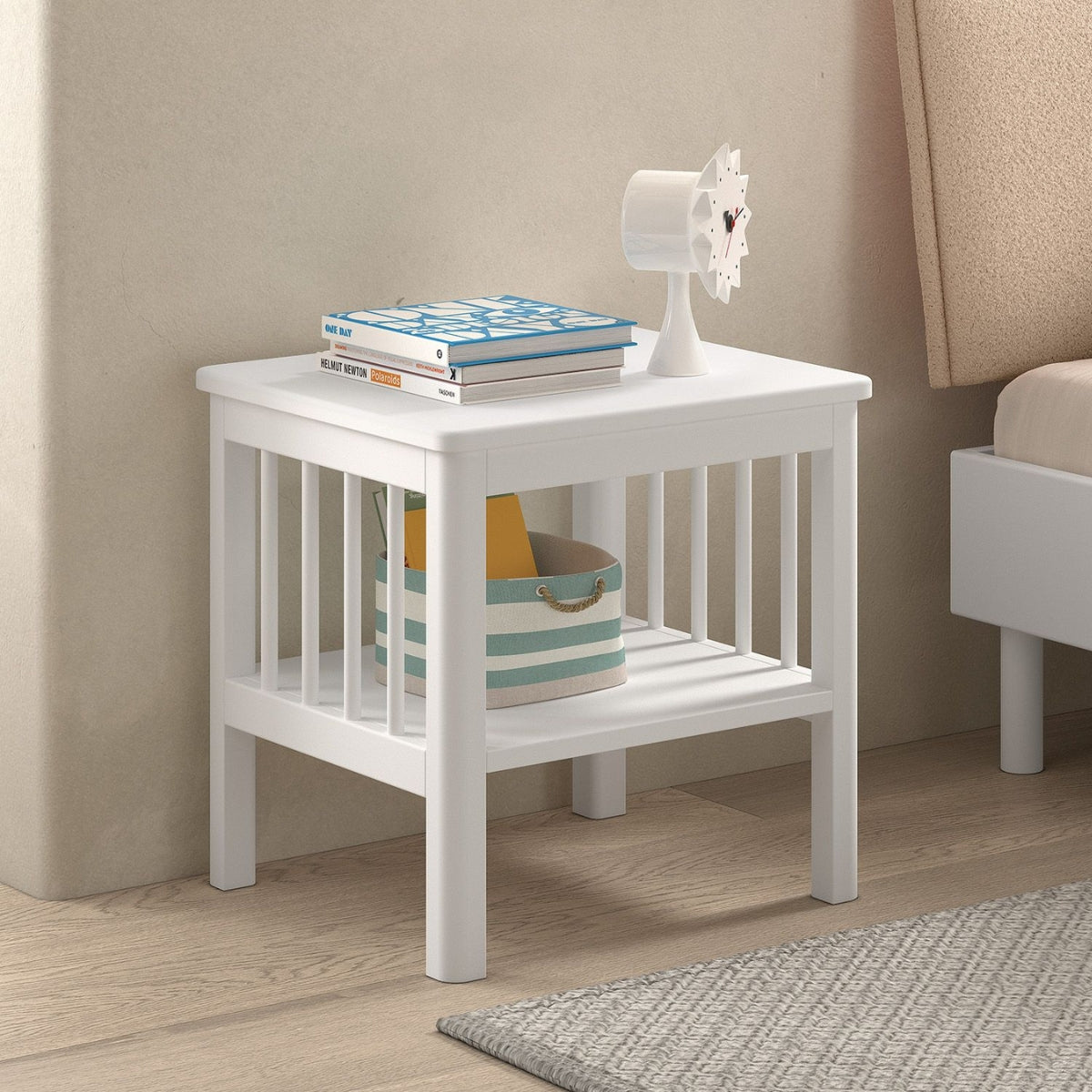 white VIPACK FORREST solid beech wood bedside table in modern bedroom