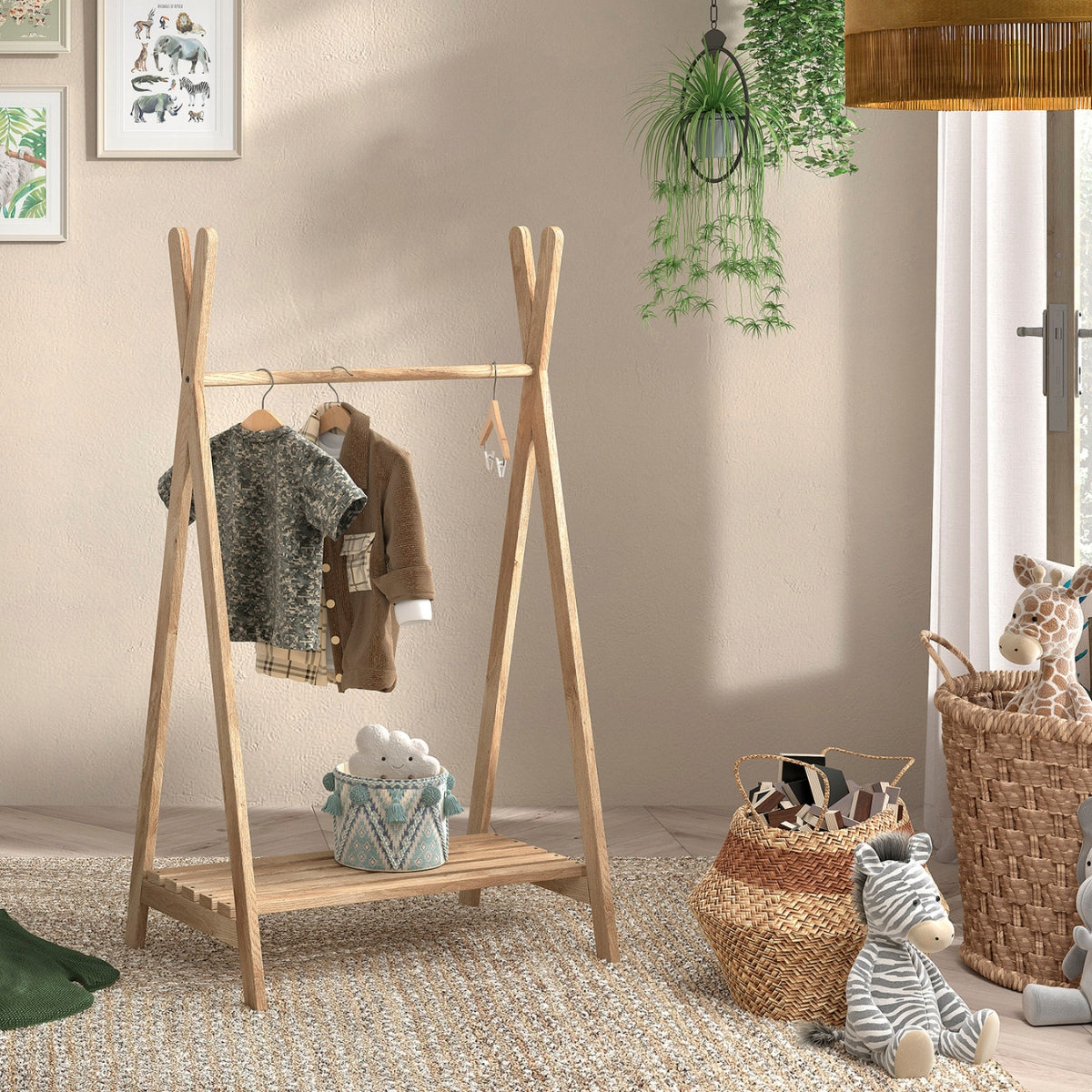 VIPACK oak wood clothing rail for baby and toddler clothes in modern nursery