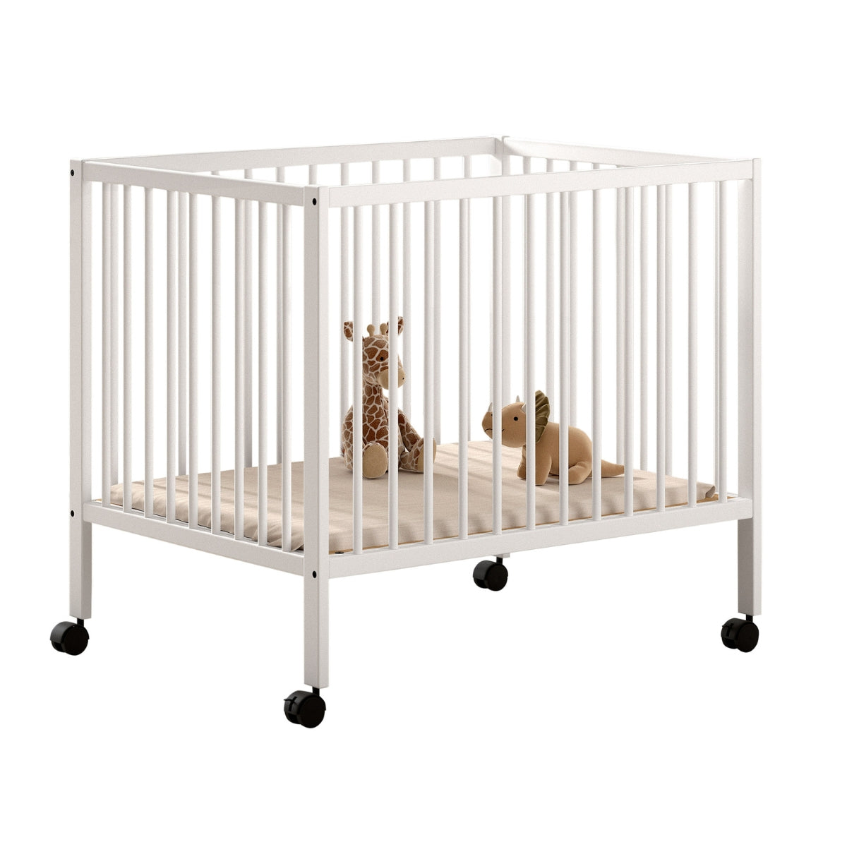 VIPACK JAXX DINO wooden baby playpen white with removable wheels on white background
