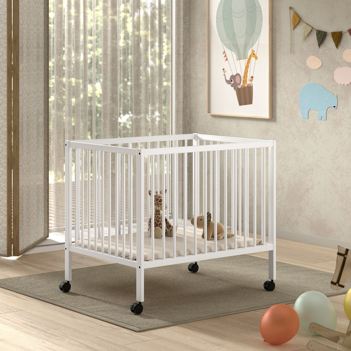 VIPACK JAXX DINO wooden baby playpen in white with wheels in modern nursery