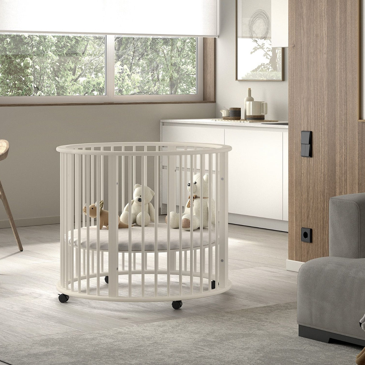 round wooden baby playpen in clay colour in living area of modern flat