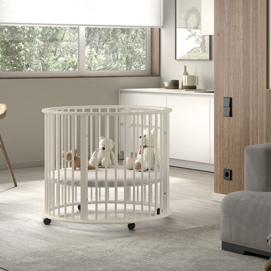round wooden baby playpen in clay colour in living area of modern flat