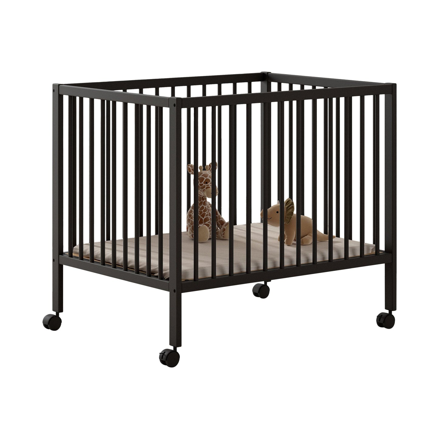 A grey anthracite baby and toddler playpen with vertical bars, equipped with wheels on white background
