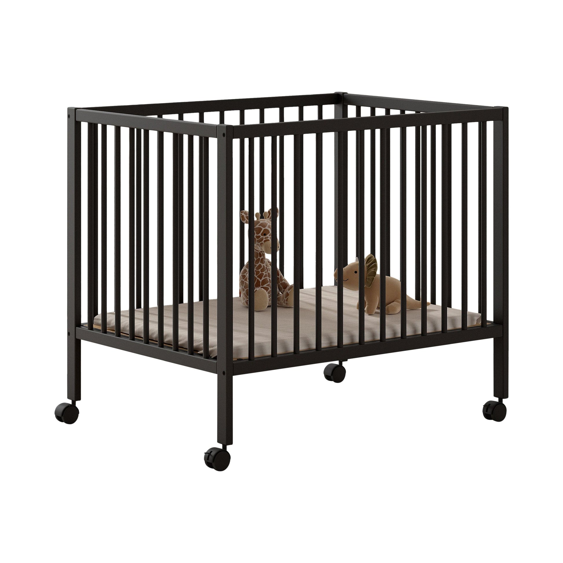 A grey anthracite baby and toddler playpen with vertical bars, equipped with wheels on white background