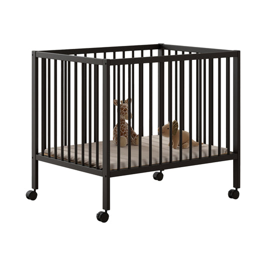 A grey anthracite baby and toddler playpen with vertical bars, equipped with wheels on white background