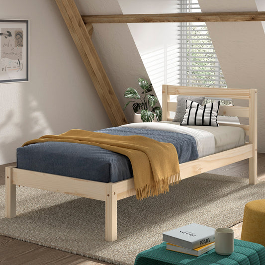 vipack pino natural wood single bed with mattress and blue bed sheet in modern scandi bedroom
