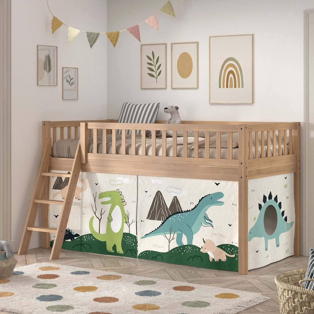 VIPACK SEDA natural beech kids mid sleeper bed with dinosaur play curtain