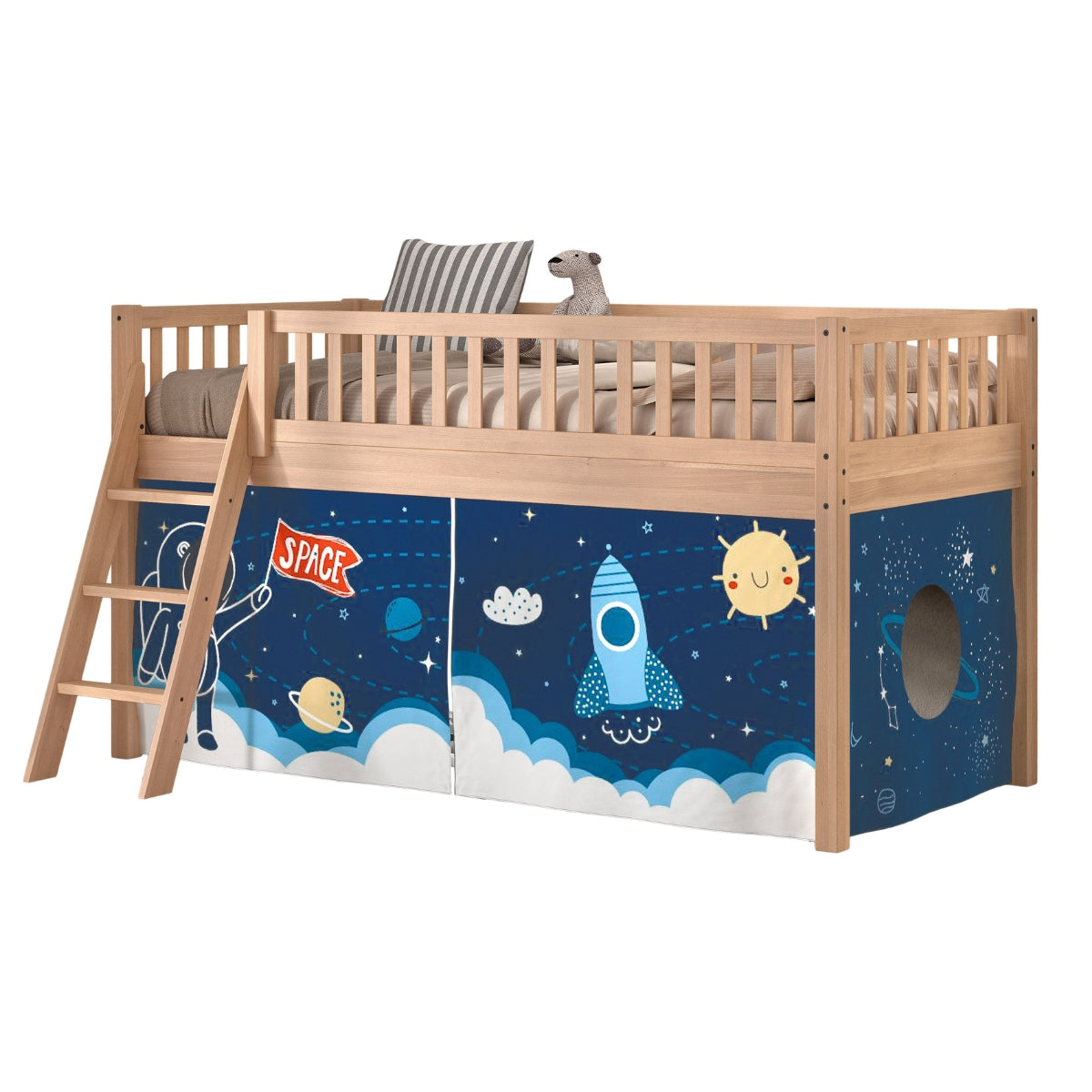 VIPACK SEDA natural beech mid sleeper with astronaut and rocket play curtain