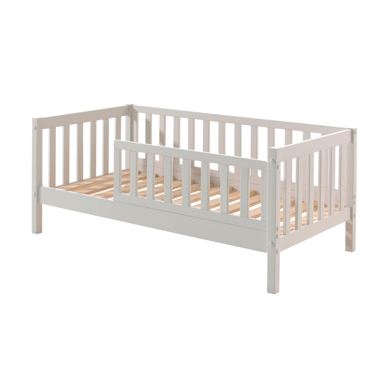 VIPACK toddler bed 140x70cm with bedguard and wooden slatted base on plain white background