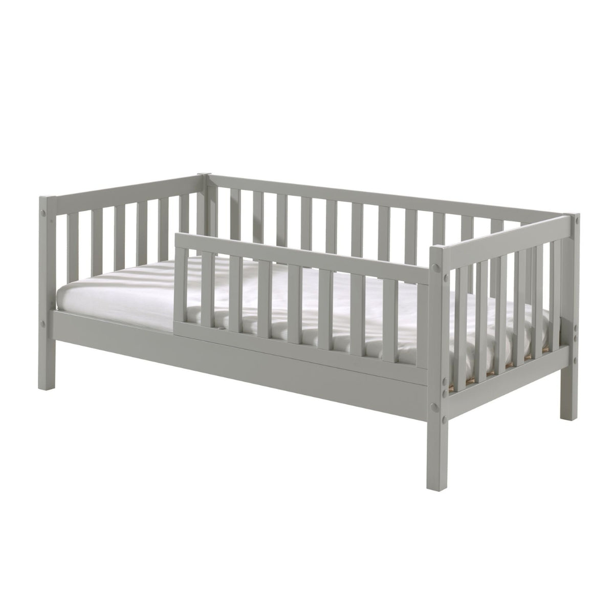 VIPACK toddler bed grey with mattress on plain white background