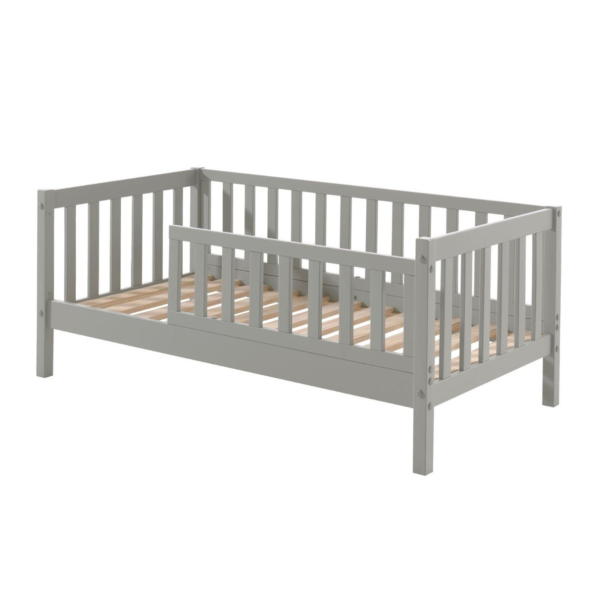 VIPACK toddler bed grey with slatted wooden base on plain white background