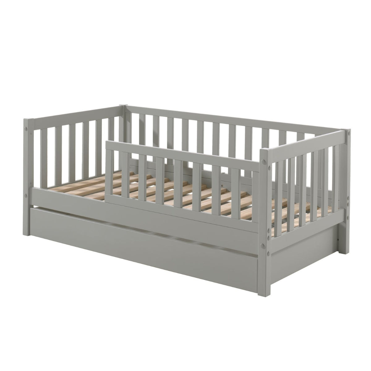 grey VIPACK toddler bed with slatted wooden based and underbed storage drawer on plain white backgound