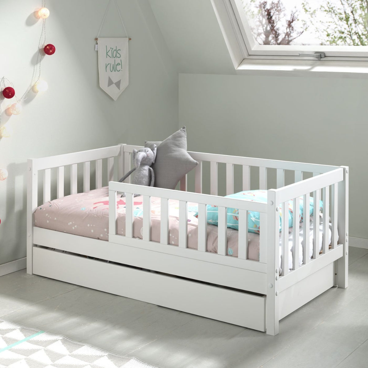 vipack toddler bed white with underbed storage drawer in modern UK nursery bedroom